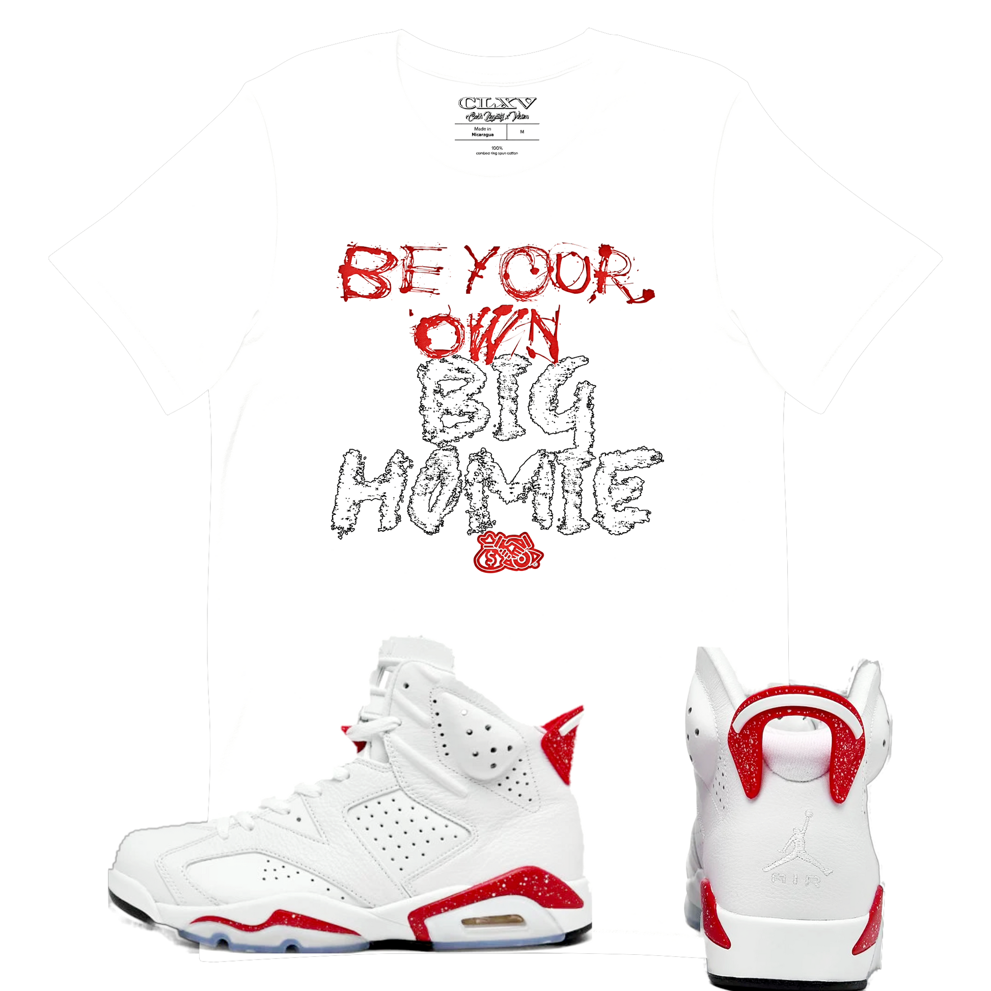 white byob tshirt matching Air Jordan 6 “Red Oreo”