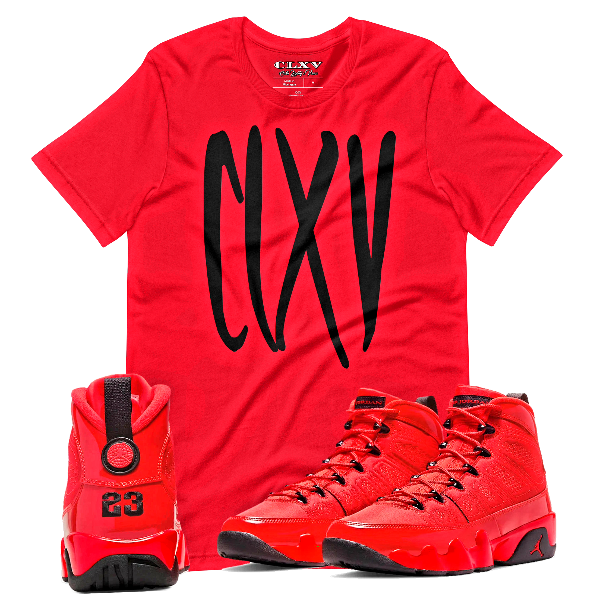 red dezinah tshirt matching Air Jordan 9 “Chile Red”